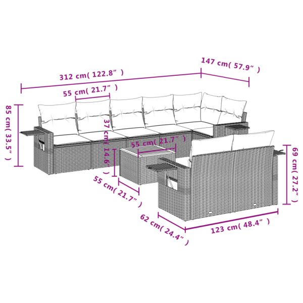 Set Divano Da Giardino 9 Pz Con Cuscini Beige Misto Polyrattan - Image 3