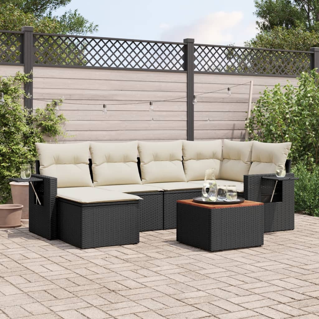 Set Divani Da Giardino Con Cuscini 7pz Nero Polyrattan