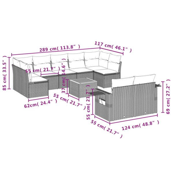 Set Divani Da Giardino 10pz Con Cuscini In Polyrattan Nero - Image 3