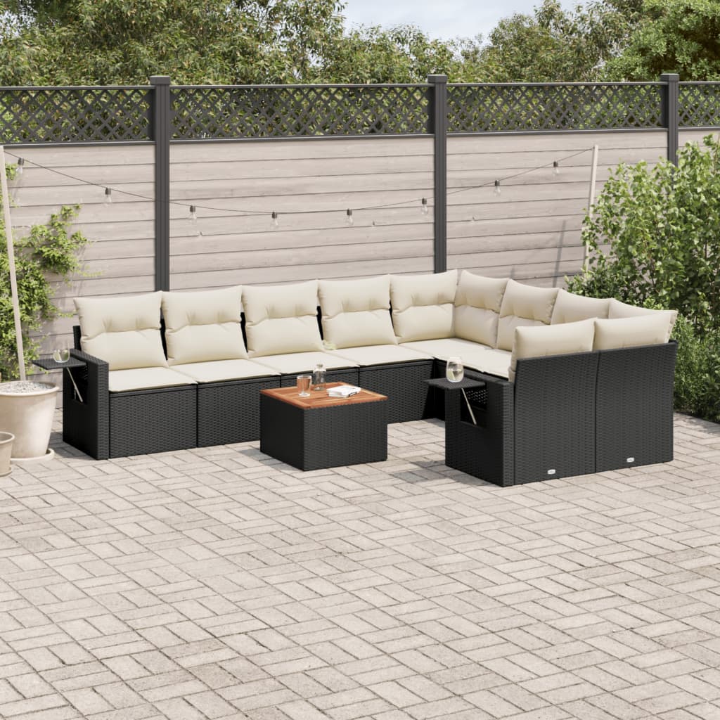 Set Divani Da Giardino 10pz Con Cuscini In Polyrattan Nero