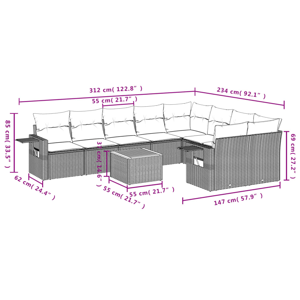 Set Divani Da Giardino 10pz Con Cuscini In Polyrattan Nero - Image 3