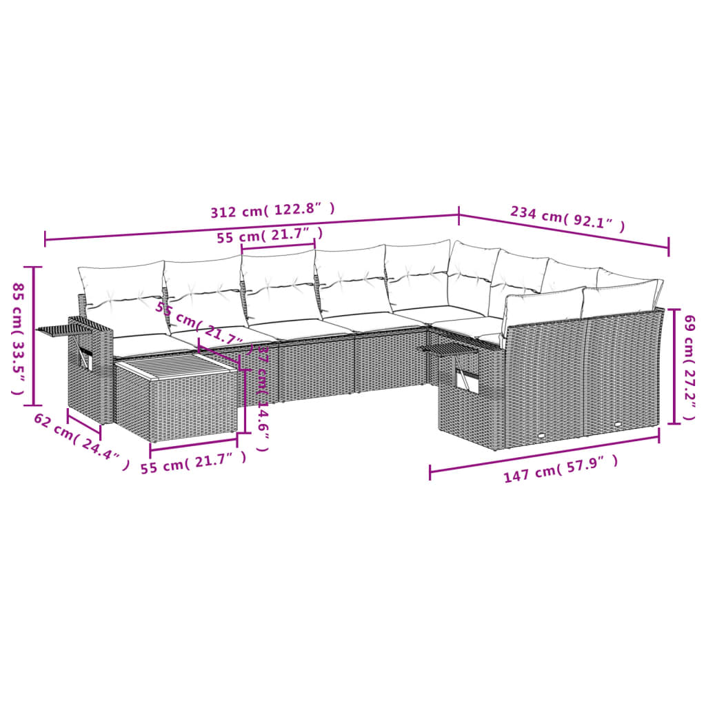 Set Divano Da Giardino 10 Pz Con Cuscini Grigio In Polyrattan - Image 3