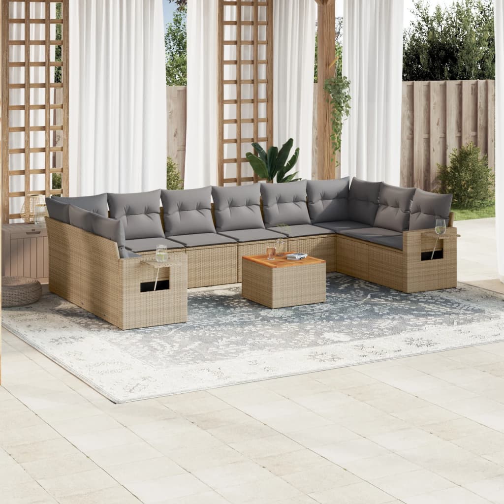 Set Divano Da Giardino 11 Pz Con Cuscini Beige Misto Polyrattan