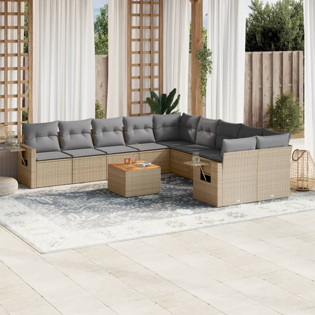 Set Divano Da Giardino 11 Pz Con Cuscini Beige Misto Polyrattan