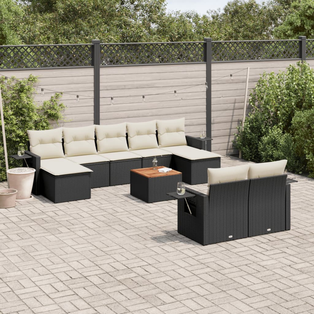 Set Divani Da Giardino 10pz Con Cuscini In Polyrattan Nero