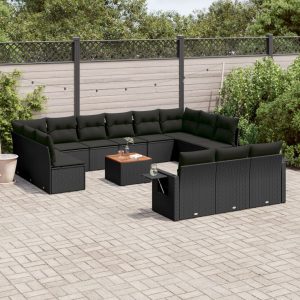Set Divani Da Giardino 14pz Con Cuscini In Polyrattan Nero