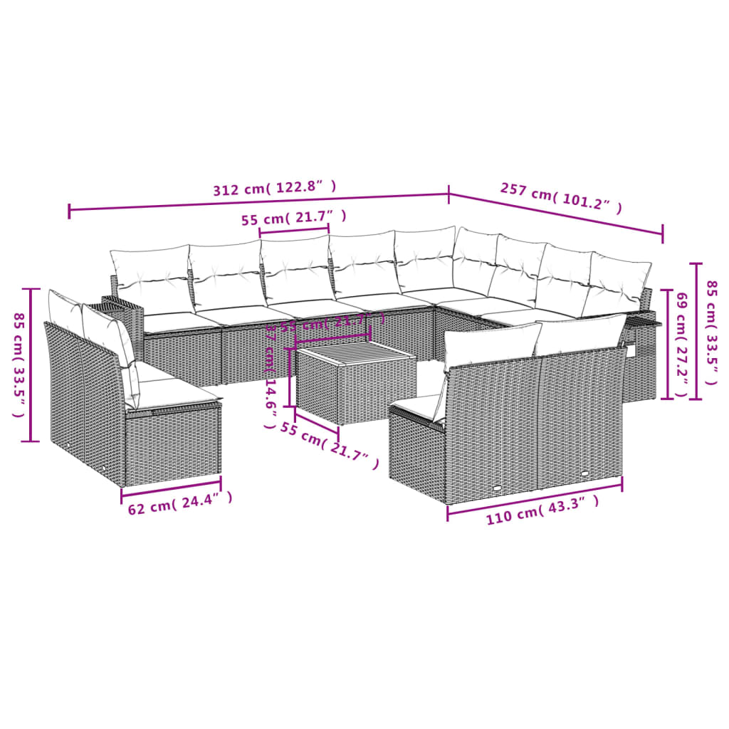 Set Divano Da Giardino 13 Pz Con Cuscini Beige Misto Polyrattan - Image 3