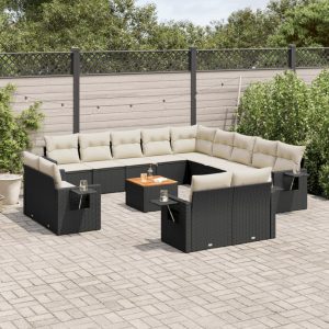 Set Divani Da Giardino 14pz Con Cuscini In Polyrattan Nero