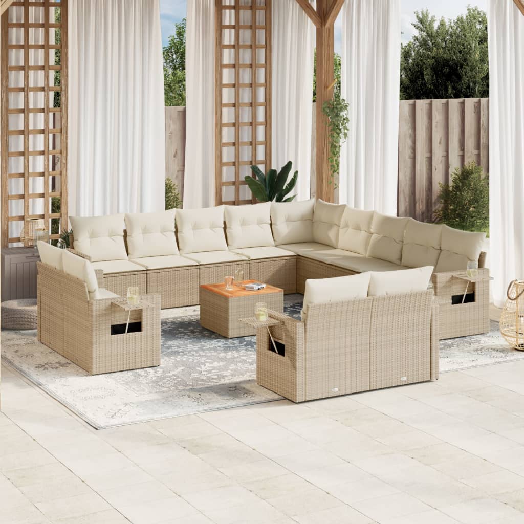 Set Divani Da Giardino 14pz Con Cuscini In Polyrattan Beige
