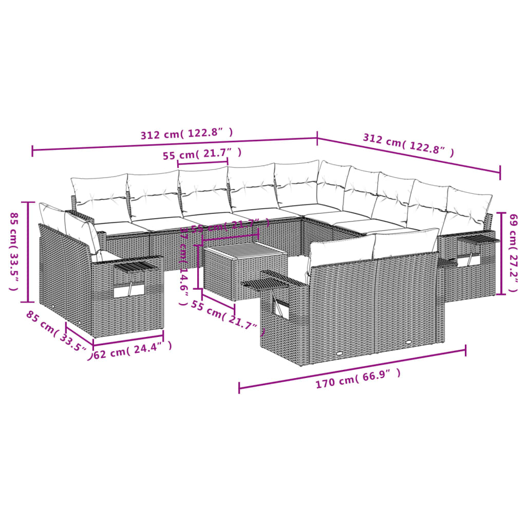 Set Divani Da Giardino 14pz Con Cuscini In Polyrattan Beige - Image 3