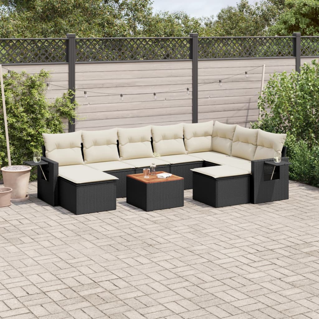 Set Divani Da Giardino 10pz Con Cuscini In Polyrattan Nero