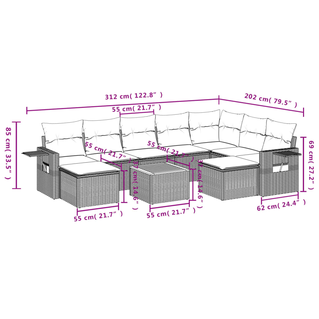 Set Divano Da Giardino 10 Pz Con Cuscini Grigio In Polyrattan - Image 3