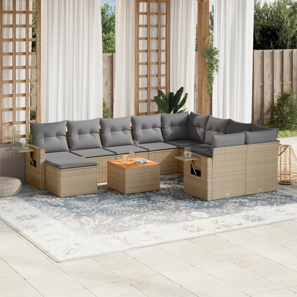 Set Divano Da Giardino 11 Pz Con Cuscini Beige Misto Polyrattan