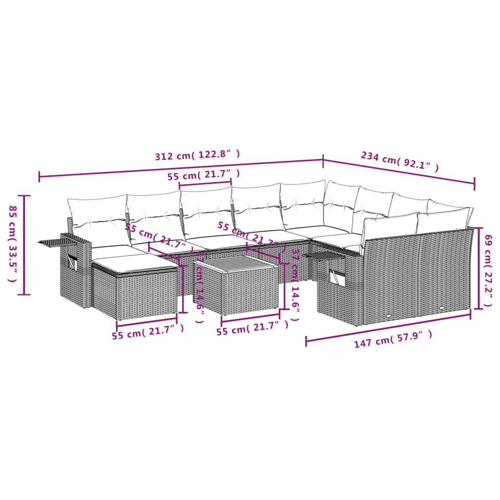 Set Divani Da Giardino 11 Pz Con Cuscini In Polyrattan Grigio - Image 3