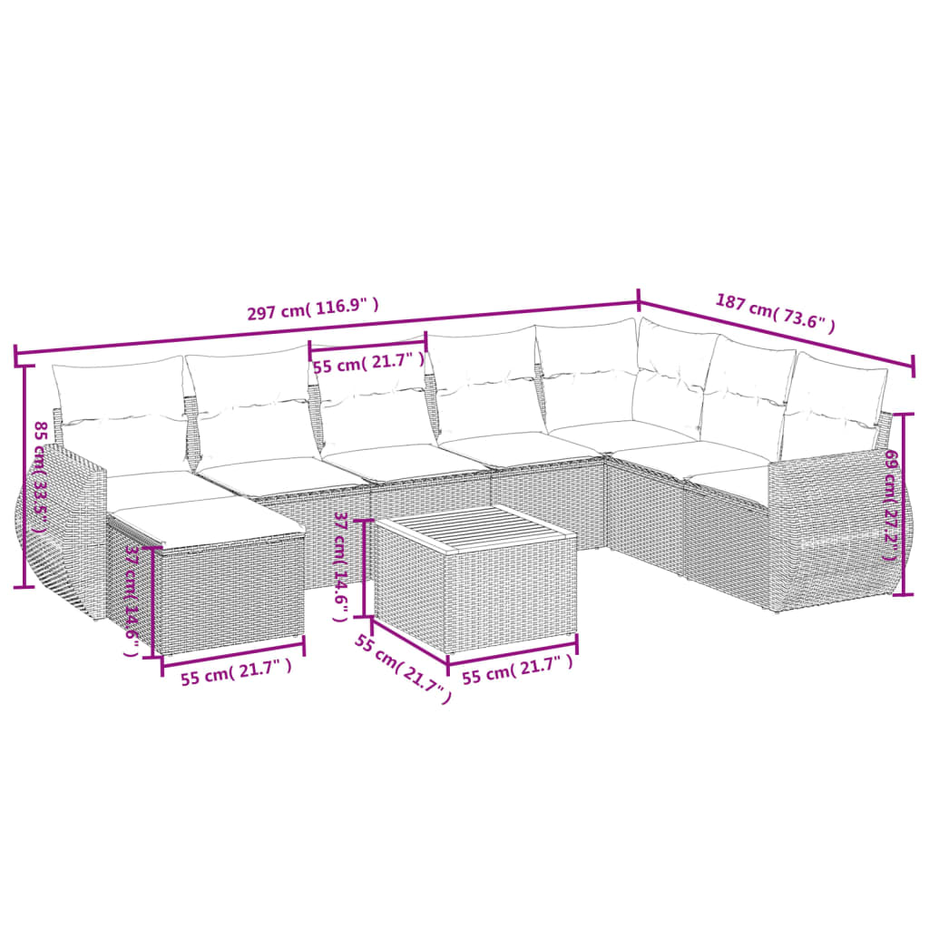 Set Divano Da Giardino 9 Pz Con Cuscini Beige In Polyrattan - Image 3