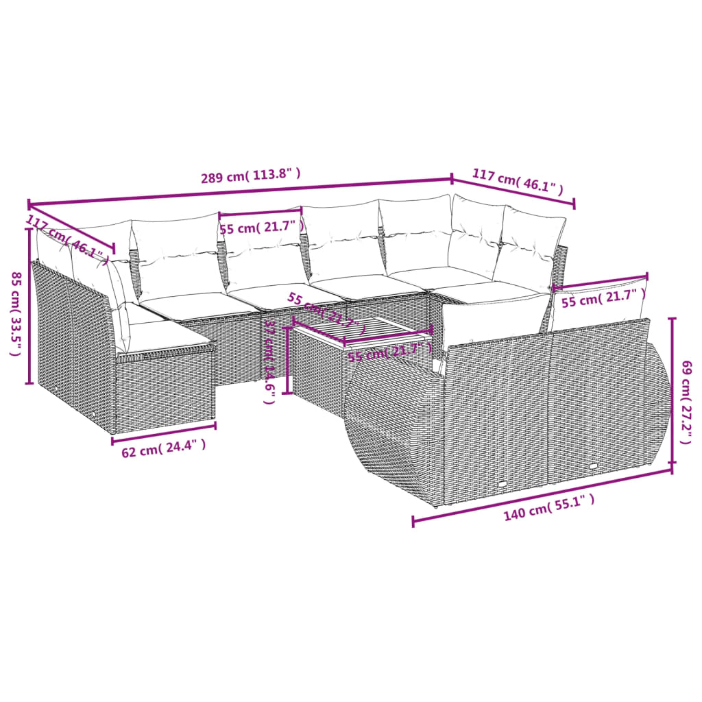 Set Divani Da Giardino 10pz Con Cuscini In Polyrattan Nero - Image 3