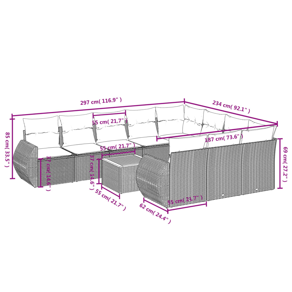 Set Divani Da Giardino 11 Pz Con Cuscini In Polyrattan Nero - Image 3