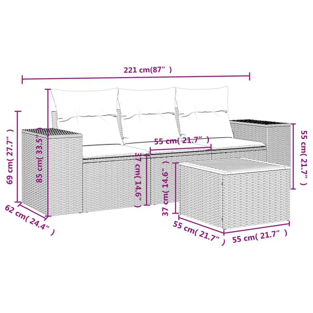 Set Divani Da Giardino 4 Pz Con Cuscini In Polyrattan Grigio - Image 3