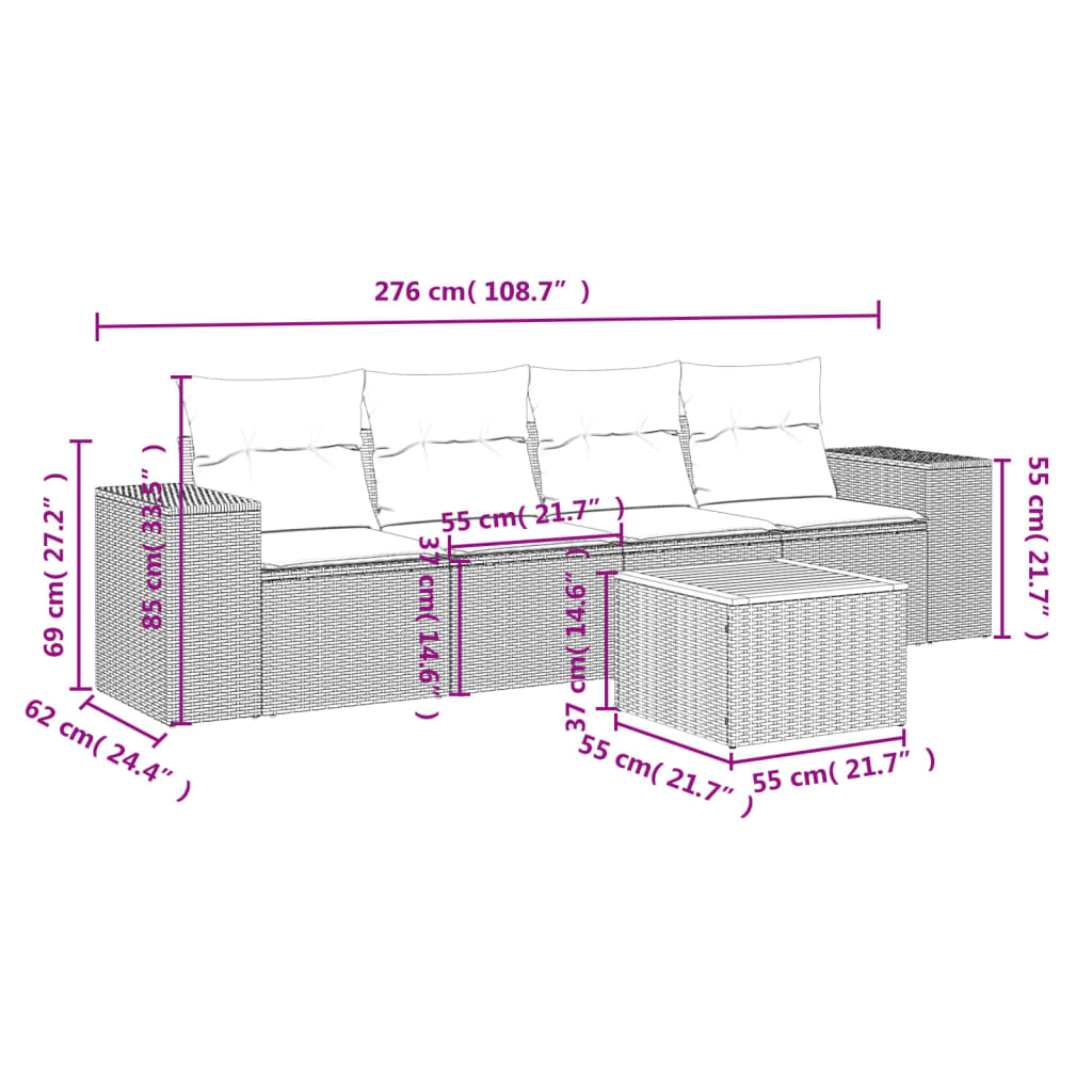 Set Divani Da Giardino 5 Pz Con Cuscini In Polyrattan Nero - Image 3