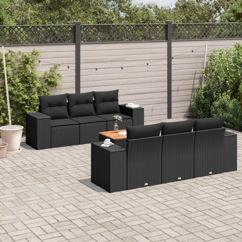Set Divani Da Giardino Con Cuscini 7pz Nero Polyrattan