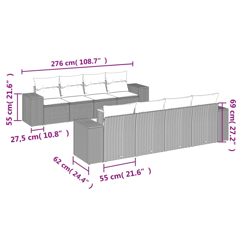 Set Divano Da Giardino 9 Pz Con Cuscini Grigio In Polyrattan - Image 3