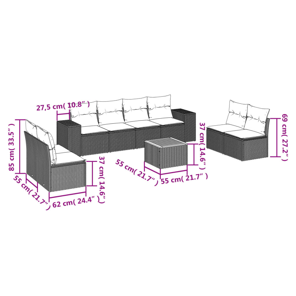 Set Divano Da Giardino 9 Pz Con Cuscini Grigio In Polyrattan - Image 3