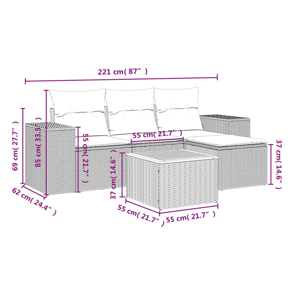 Set Divano Da Giardino 5 Pz Con Cuscini Grigio In Polyrattan - Image 3