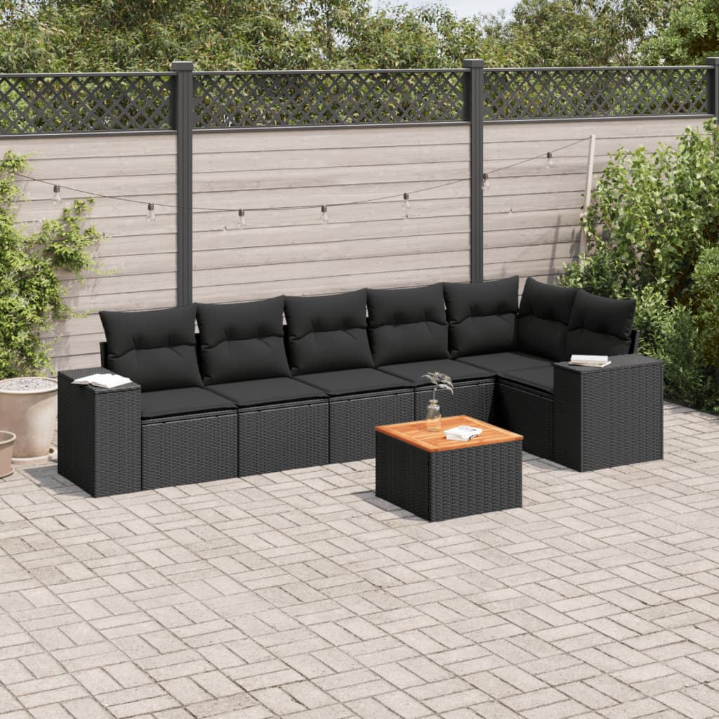 Set Divani Da Giardino Con Cuscini 7pz Nero Polyrattan