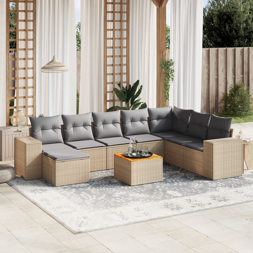 Set Divano Da Giardino 9 Pz Con Cuscini Beige In Polyrattan