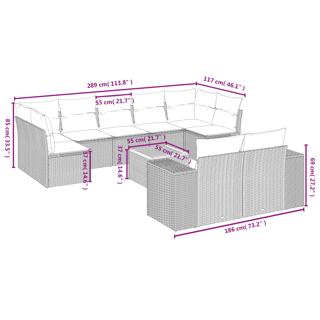 Set Divani Da Giardino 10pz Con Cuscini In Polyrattan Nero - Image 3