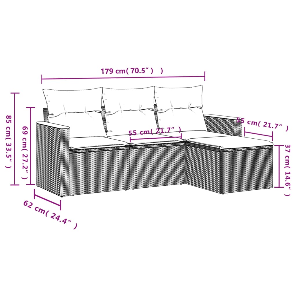 Set Divani Da Giardino 4 Pz Con Cuscini In Polyrattan Grigio - Image 3