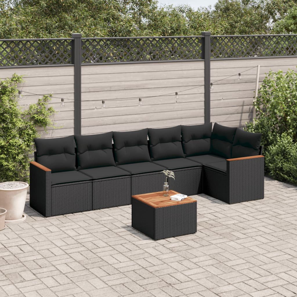 Set Divani Da Giardino Con Cuscini 7pz Nero Polyrattan