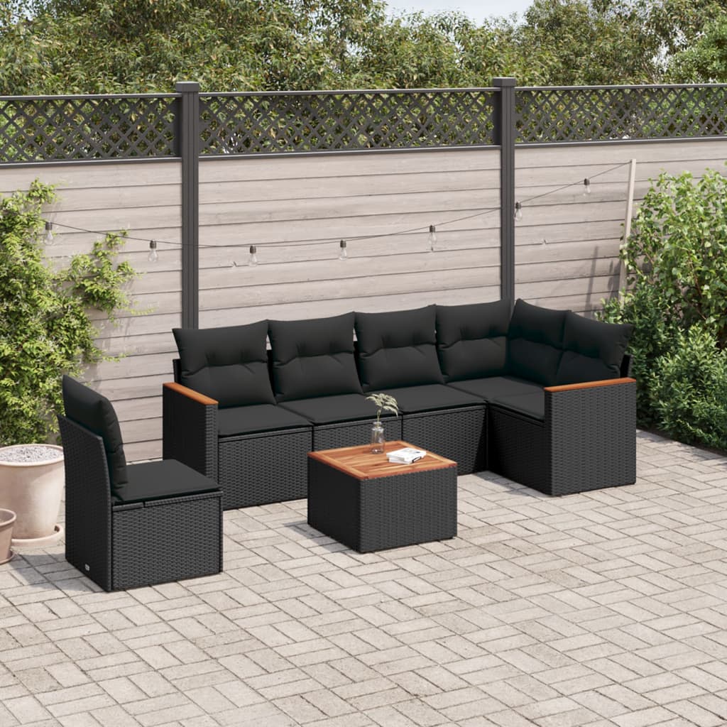Set Divani Da Giardino Con Cuscini 7pz Nero Polyrattan