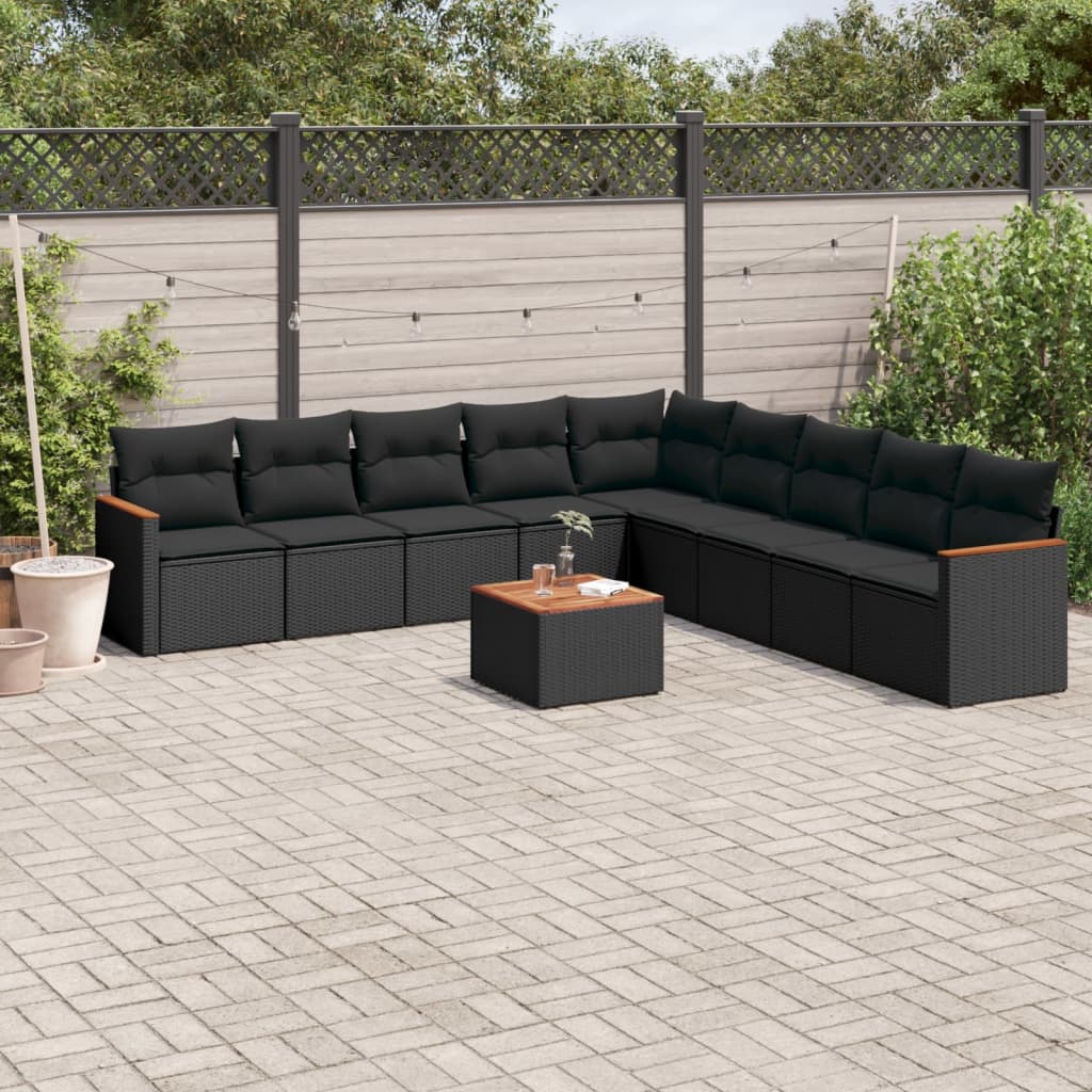 Set Divani Da Giardino 10pz Con Cuscini In Polyrattan Nero