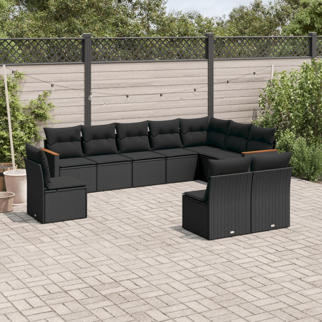 Set Divani Da Giardino 10pz Con Cuscini In Polyrattan Nero
