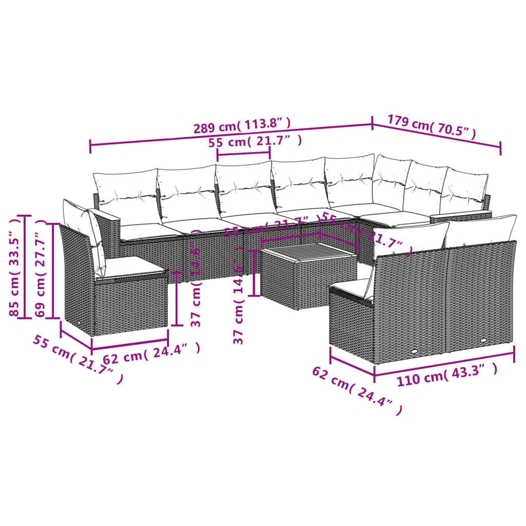Set Divani Da Giardino 11 Pz Con Cuscini In Polyrattan Grigio - Image 3