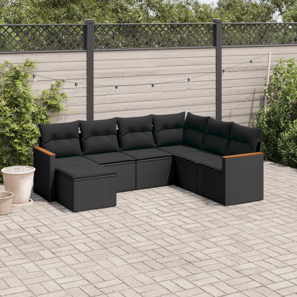 Set Divani Da Giardino Con Cuscini 7pz Nero Polyrattan