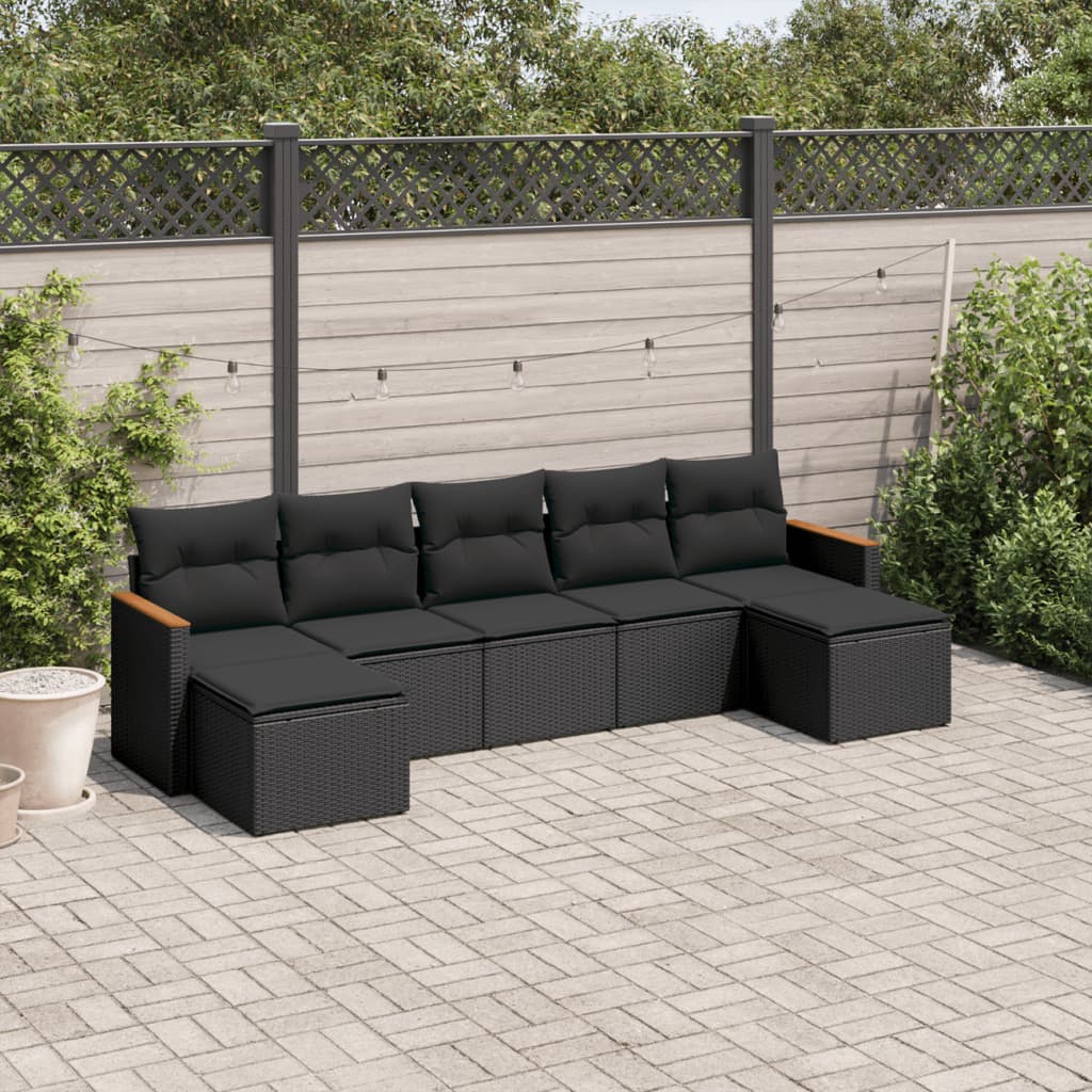Set Divani Da Giardino Con Cuscini 7pz Nero Polyrattan