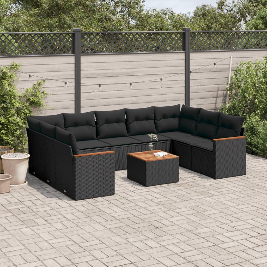 Set Divani Da Giardino 10pz Con Cuscini In Polyrattan Nero