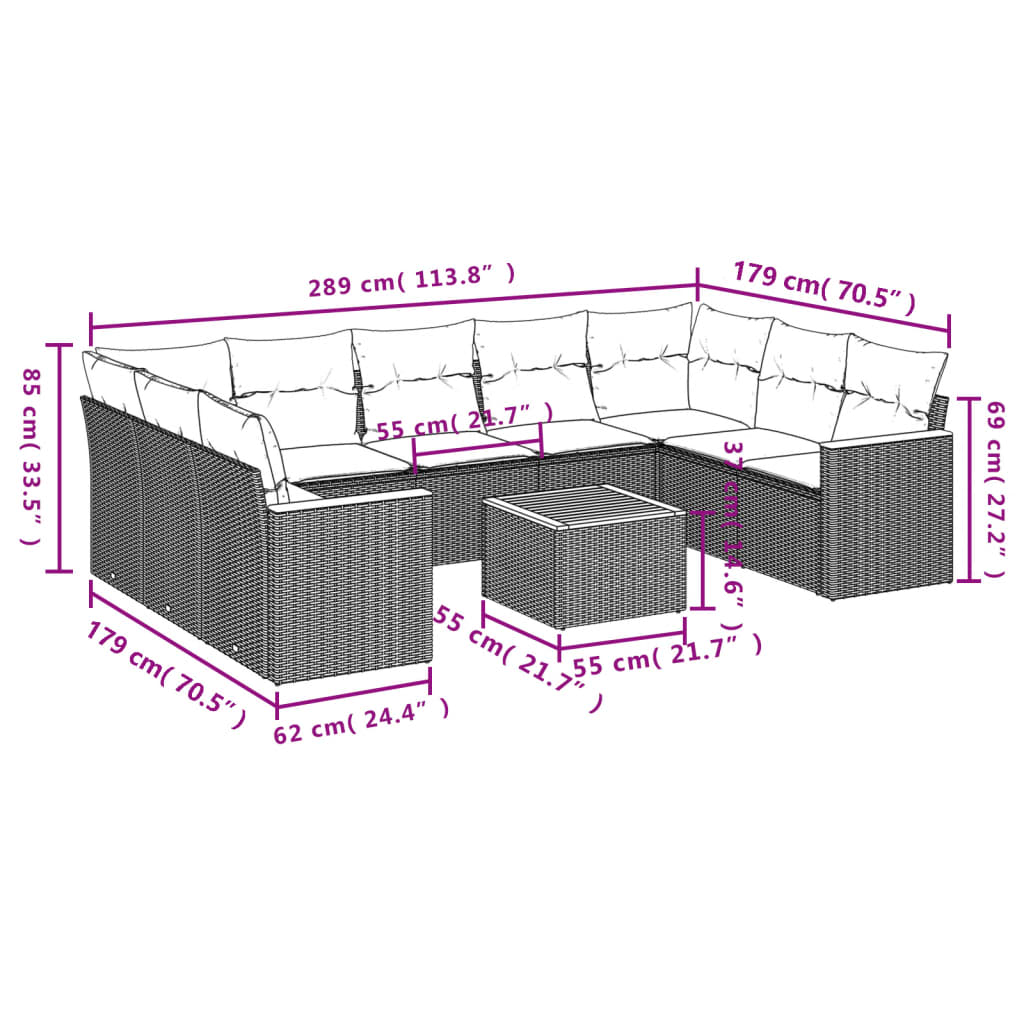 Set Divani Da Giardino 10pz Con Cuscini In Polyrattan Nero - Image 3