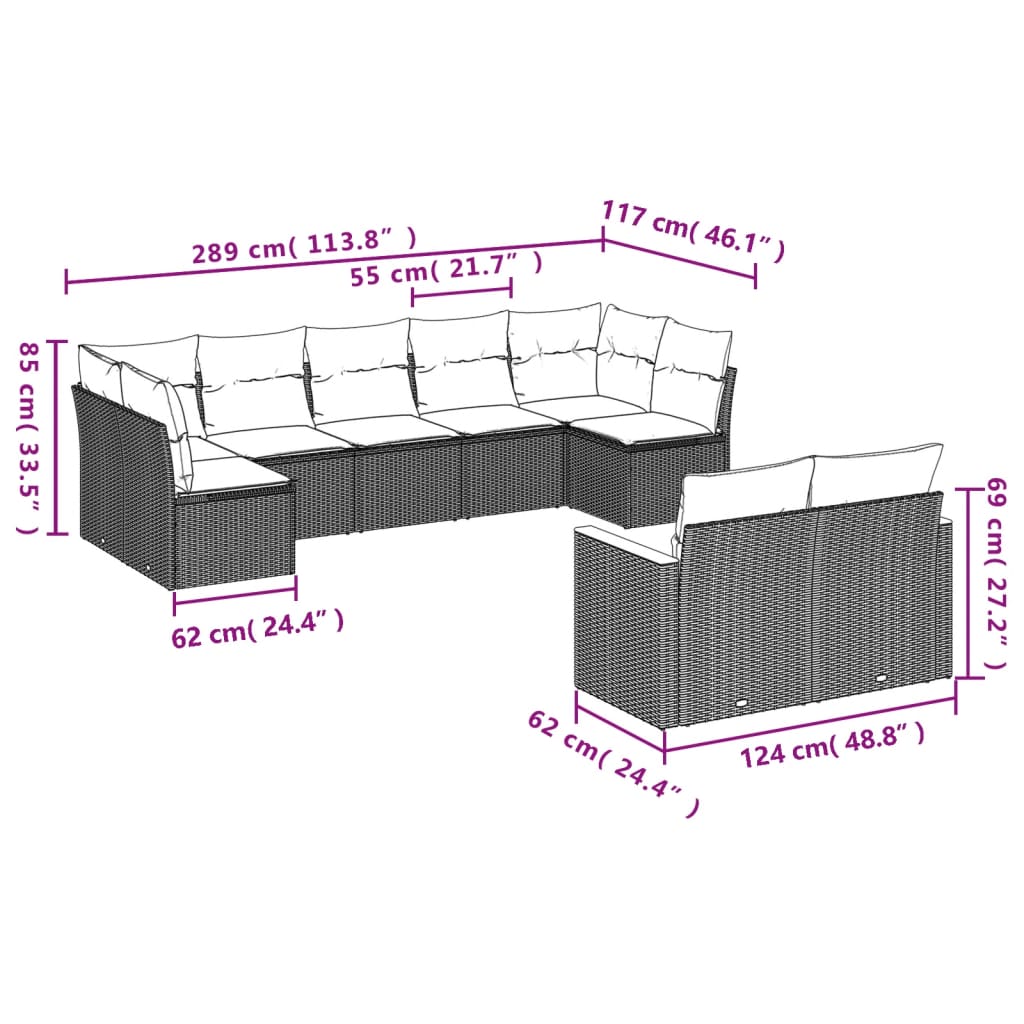Set Divani Da Giardino 9 Pz Con Cuscini Nero In Polyrattan - Image 3