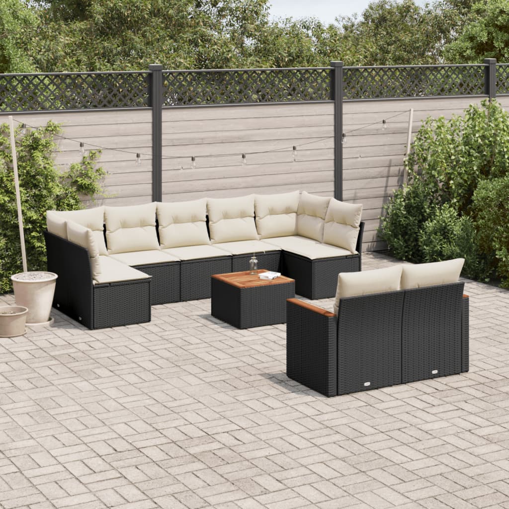 Set Divani Da Giardino 10pz Con Cuscini In Polyrattan Nero