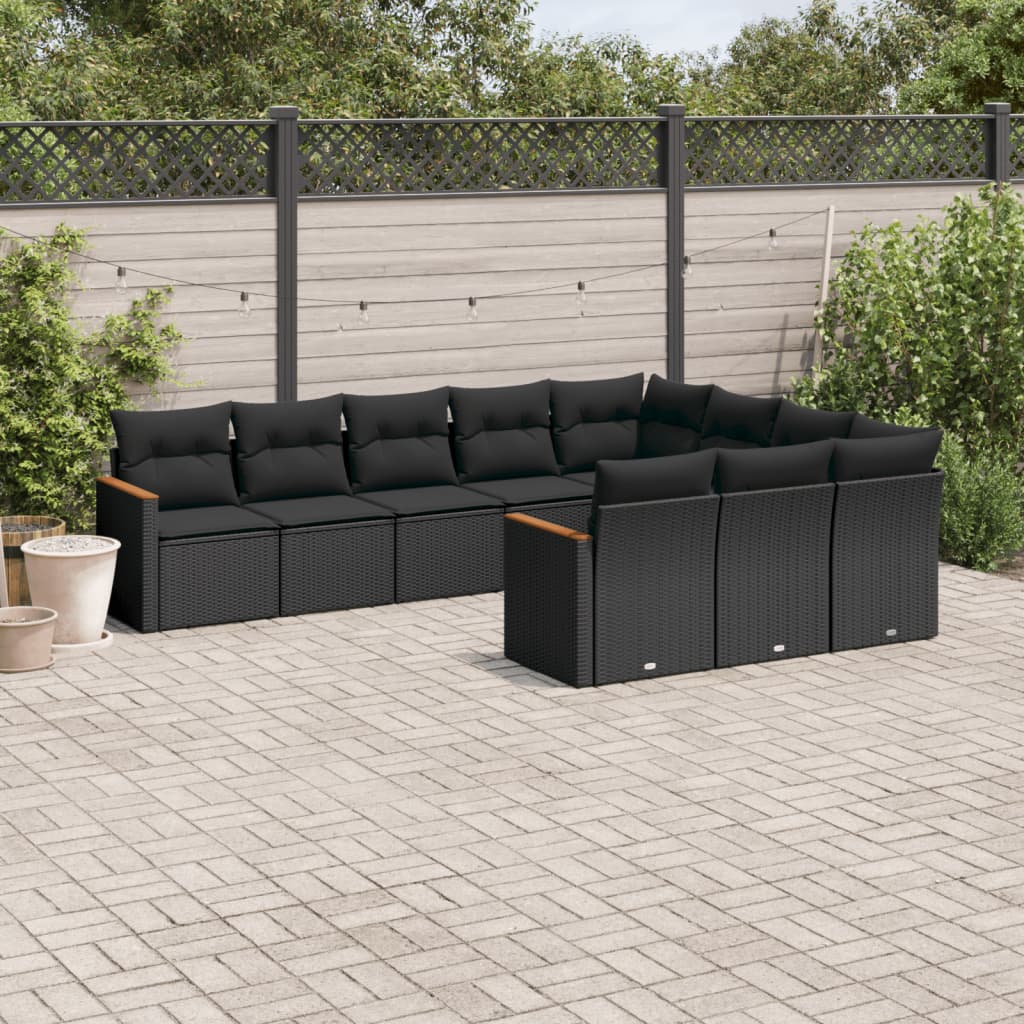 Set Divani Da Giardino 10pz Con Cuscini In Polyrattan Nero