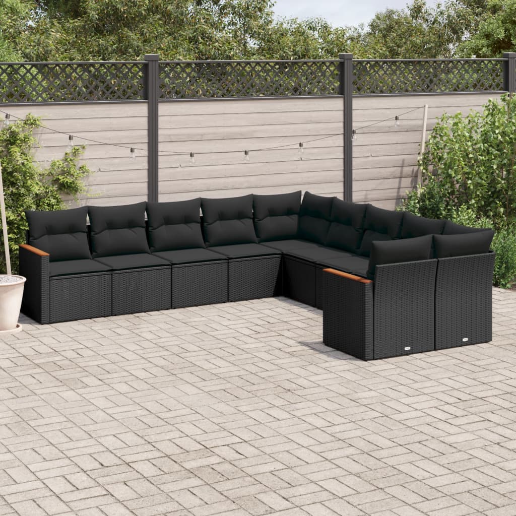 Set Divani Da Giardino 10pz Con Cuscini In Polyrattan Nero