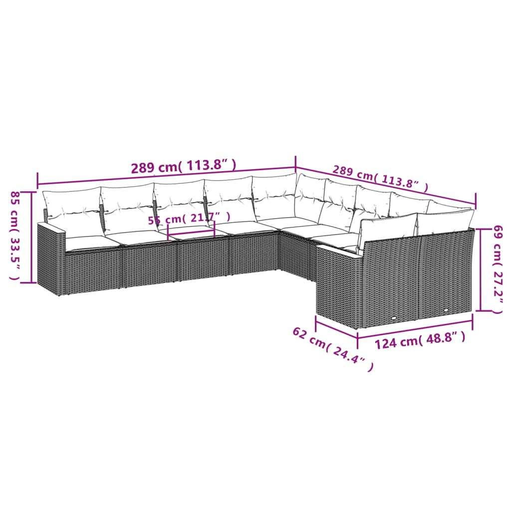 Set Divani Da Giardino 10pz Con Cuscini In Polyrattan Nero - Image 3