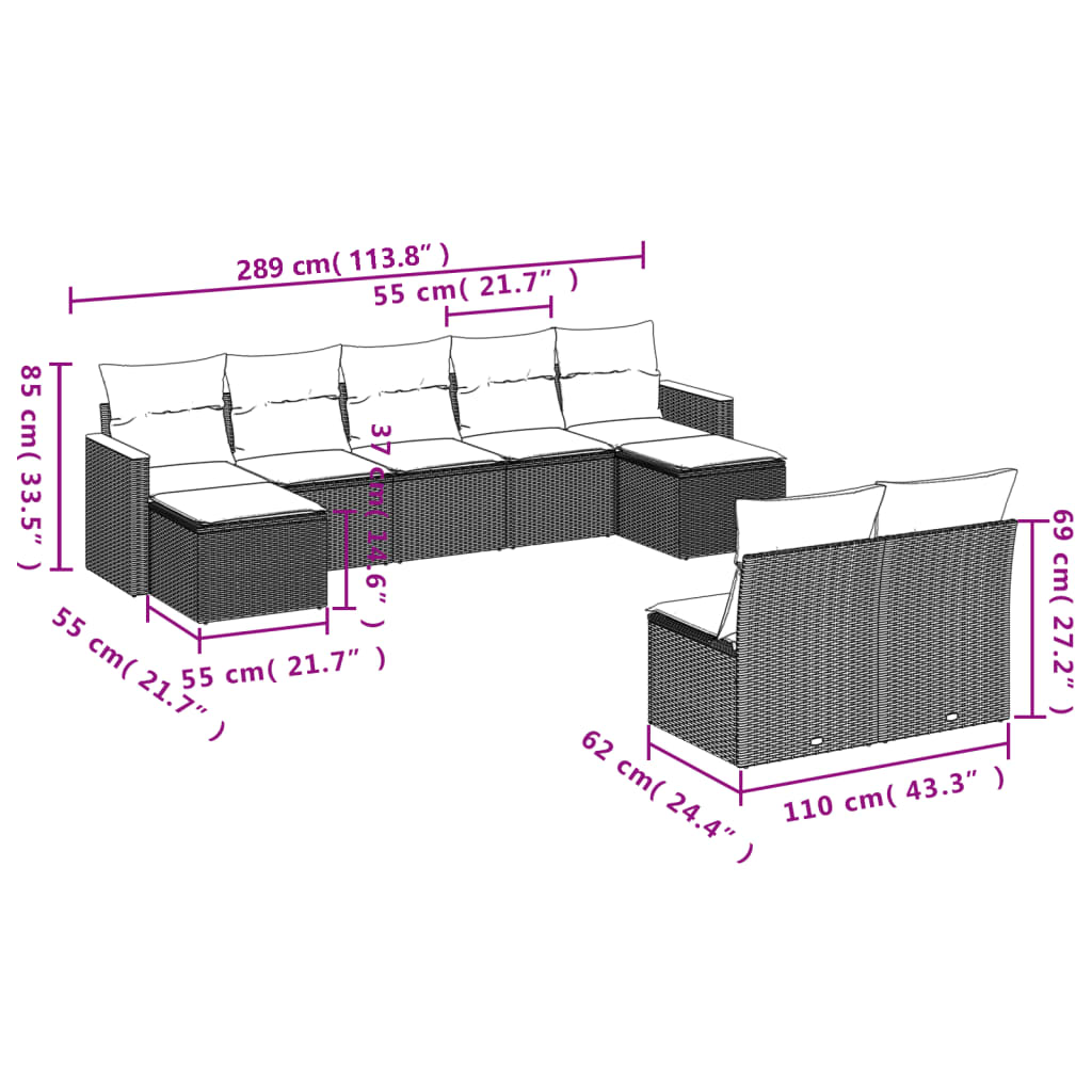 Set Divani Da Giardino 9 Pz Con Cuscini Nero In Polyrattan - Image 3