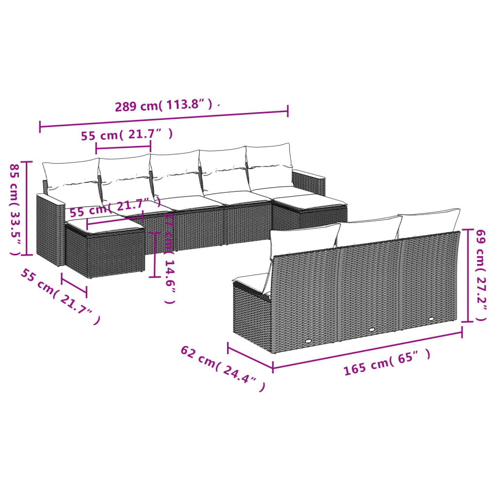 Set Divani Da Giardino 10pz Con Cuscini In Polyrattan Nero - Image 3
