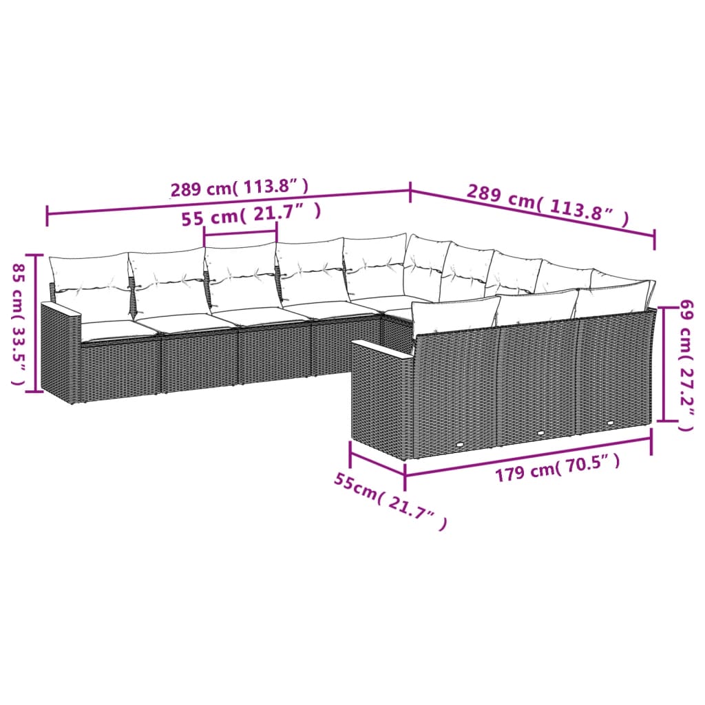 Set Divani Da Giardino 11 Pz Con Cuscini In Polyrattan Nero - Image 3