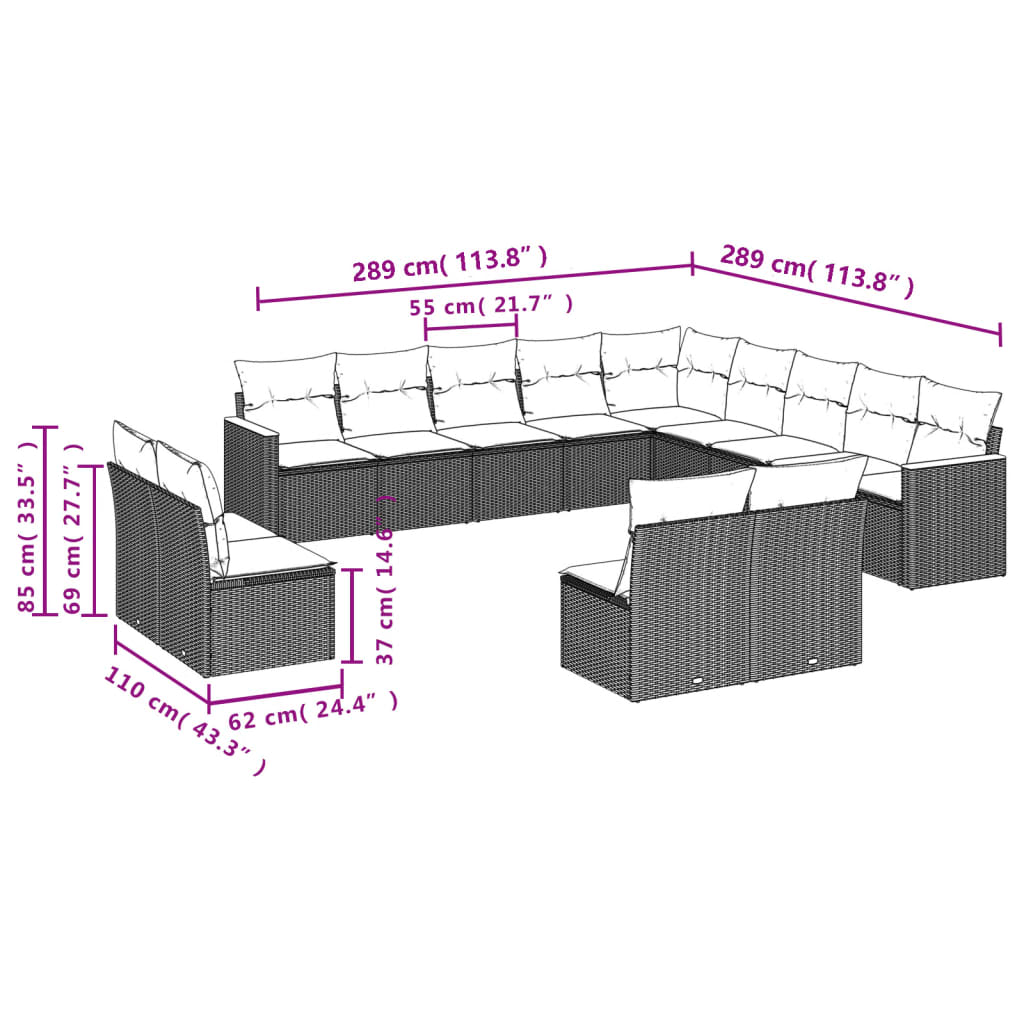 Set Divani Da Giardino 13pz Con Cuscini Nero In Polyrattan - Image 3