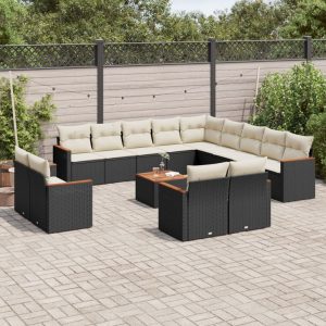 Set Divani Da Giardino 14pz Con Cuscini In Polyrattan Nero